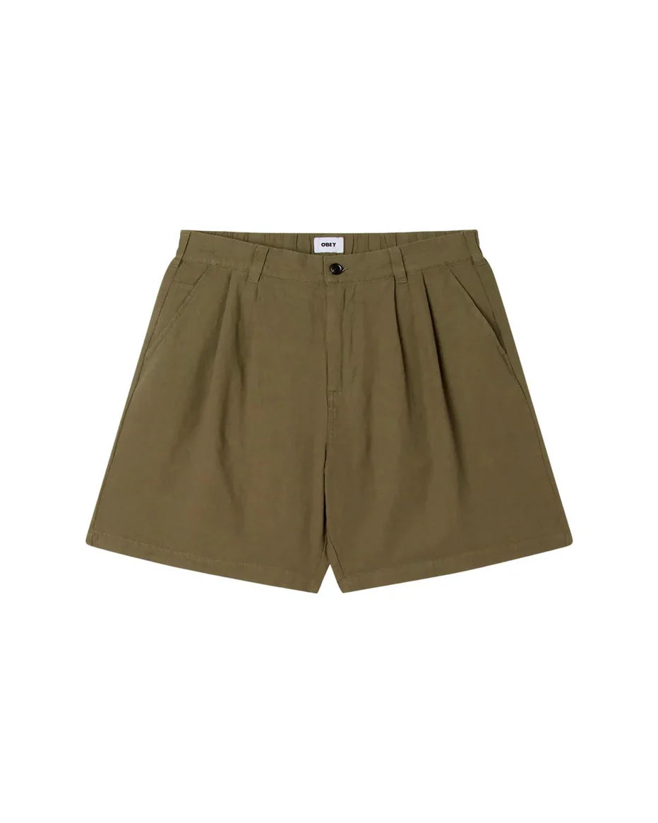 OBEY Foster pleated linen short smokey olive