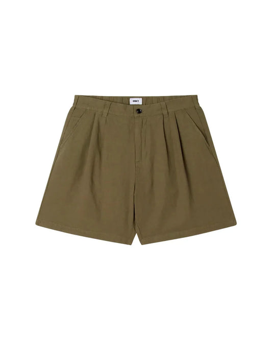 OBEY Foster pleated linen short smokey olive